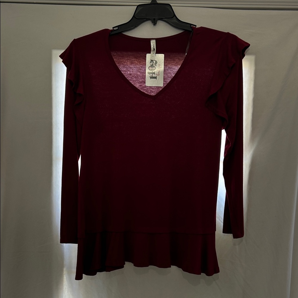 Emerald Deep Red Long Sleeve V-Neck Top